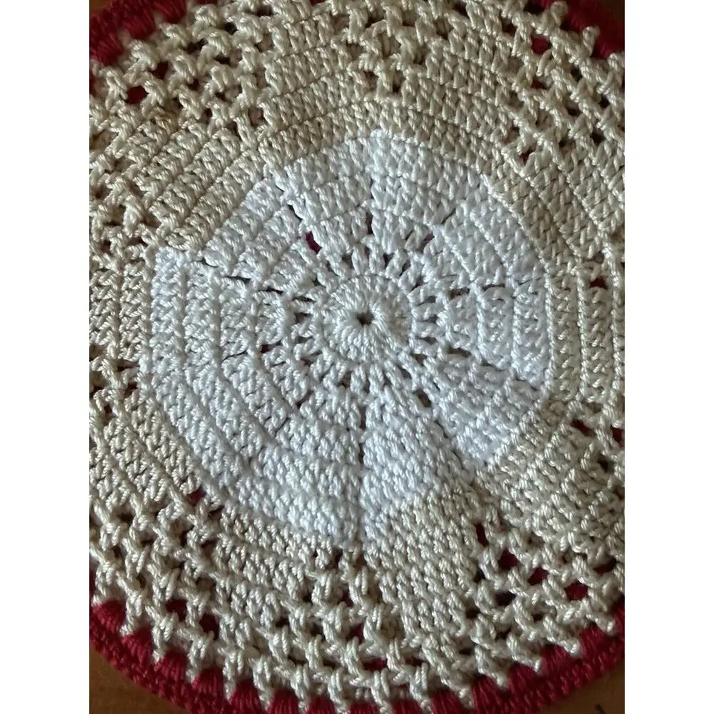 Vintage Crochet Floral Hot Pad Trivet Set Red White Handmade Kitchen Decor Pair